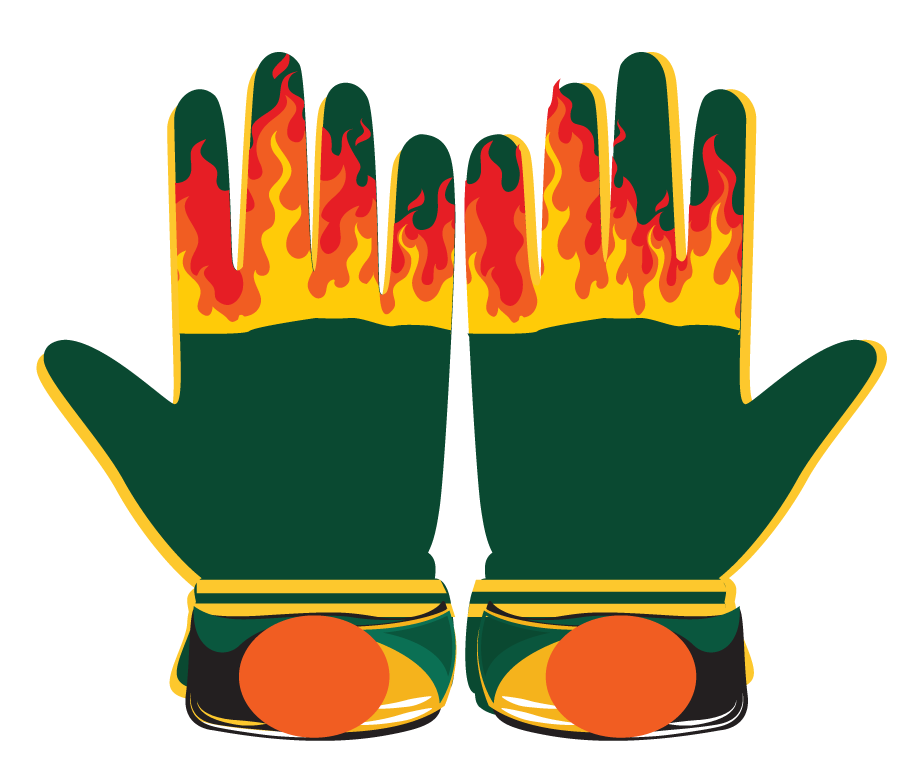 Green and yellow softball gloves with flame design and orange accents, premium fastpitch and slowpitch gear.
